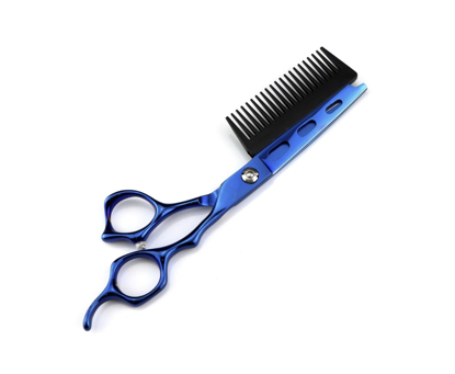 Foarfece profesionale cu pieptene, 6’’, otel 440C JP, QUANDES® pentru pentru salon infrumusetare si pentru frizeri, barbershop, - Blue