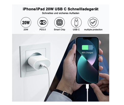 Set Incarcator Fast Charge 20W si Cablu de Date Fast Charge 1M Type-C-Lightning Compatibil cu Apple iPhone 11/12/13/14 Alb, Blister