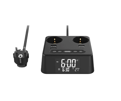 Imagine Prelungitor 6 in1 2500W, 2 prize electrice, 4 prize USB cu tip C, ceas, alarma, functie de afisare a temperaturii 1,5 m, negru