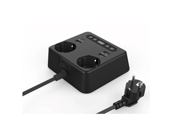 Poza cu Prelungitor 6 in1 2500W, 2 prize electrice, 4 prize USB cu tip C, ceas, alarma, functie de afisare a temperaturii 1,5 m, negru