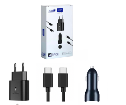 Set 4 accesorii pentru samsung s21, s20 Ultra, Incarcator PD USB-C 25W, 2 Cablu incarcare USB-C-C 3A, Incarcator Auto PD USB-C 45W, QUANDES®