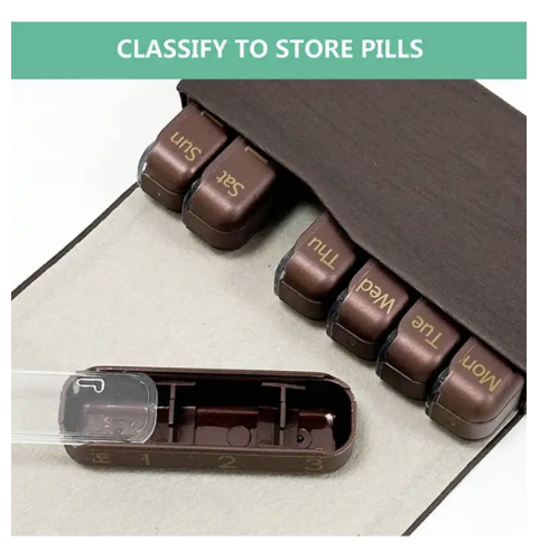 Poza cu Cutie organizator medicamente Deluxe, QUANDES®, 7 zile, 28 compartimente, geanta suport, 12x8x3cm, marou, PU piele