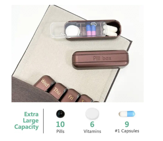 Poza cu Cutie organizator medicamente Deluxe, QUANDES®, 7 zile, 28 compartimente, geanta suport, 12x8x3cm, marou, PU piele