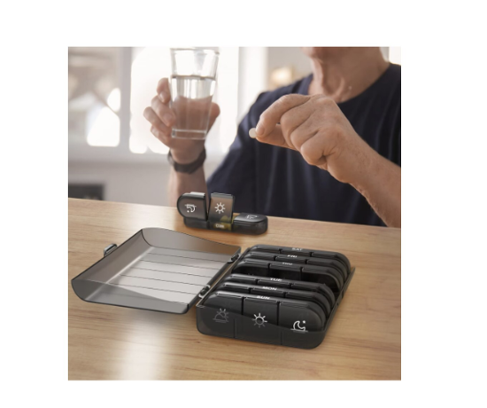 Poza cu Cutie depozitare pastile, cu 7 cutiute compartimentate, Recipiente Detasabile, 15.6 x 12 x 4.2 cm, Negru