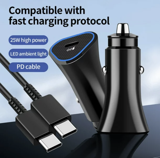 Poza cu Set Incarcator auto QUANDES®, pentru Samsung super-incarcare rapida 25w cablu de date usb-c to c 3A, 1m