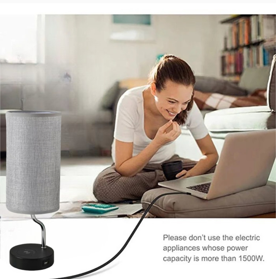 Poza cu Set Lampa cu abajur din tesatura, pentru birou, dormitor, cu incarcare wireless telefon Android si iOS, QUANDES®, 2 porturi USB-A/C, negru