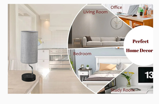 Poza cu Set Lampa cu abajur din tesatura, pentru birou, dormitor, cu incarcare wireless telefon Android si iOS, QUANDES®, 2 porturi USB-A/C, negru