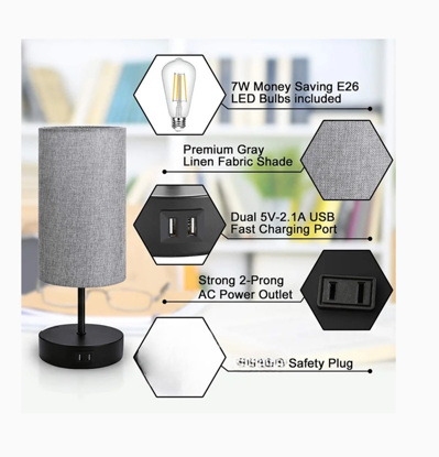 Lampa cu abajur din tesatura, pentru birou, dormitor, cu incarcare wireless telefon Android si iOS, QUANDES®, 2 porturi USB-A/C, negru