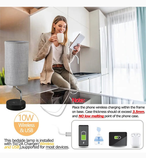 Poza cu Lampa cu abajur din tesatura, pentru birou, dormitor, cu incarcare wireless telefon Android si iOS, QUANDES®, 2 porturi USB-A/C, negru