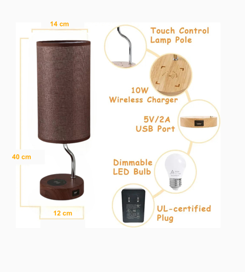 Poza cu Lampa cu abajur din tesatura, pentru birou, dormitor, cu incarcare wireless telefon Android si iOS, QUANDES®, 2 porturi USB-A/C, maro