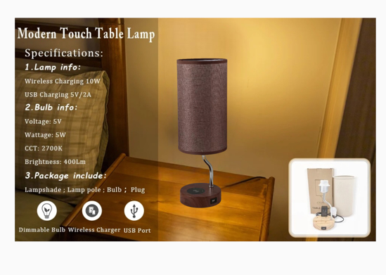 Poza cu Lampa cu abajur din tesatura, pentru birou, dormitor, cu incarcare wireless telefon Android si iOS, QUANDES®, 2 porturi USB-A/C, maro