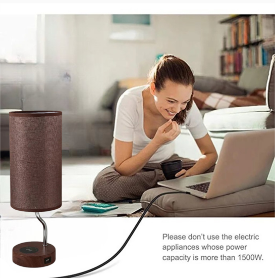 Poza cu Set Lampa cu abajur din tesatura, pentru birou, dormitor, cu incarcare wireless telefon Android si iOS, QUANDES®, 2 porturi USB-A/C, maro - copy