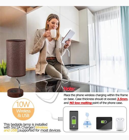 Poza cu Set Lampa cu abajur din tesatura, pentru birou, dormitor, cu incarcare wireless telefon Android si iOS, QUANDES®, 2 porturi USB-A/C, maro - copy