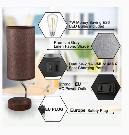 Poza cu Set Lampa cu abajur din tesatura, pentru birou, dormitor, cu incarcare wireless telefon Android si iOS, QUANDES®, 2 porturi USB-A/C, maro - copy