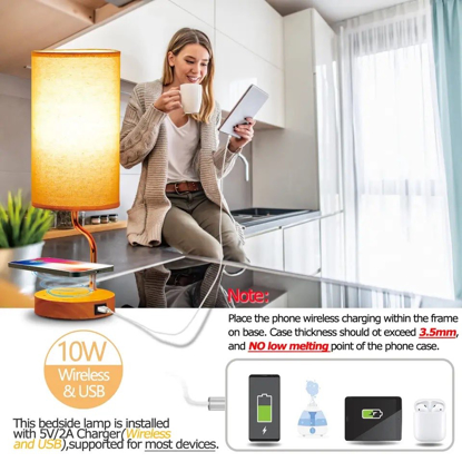 Set Lampa cu abajur din tesatura, pentru birou, dormitor, cu incarcare wireless telefon Android si iOS, QUANDES®, 2 porturi USB-A/C, crem