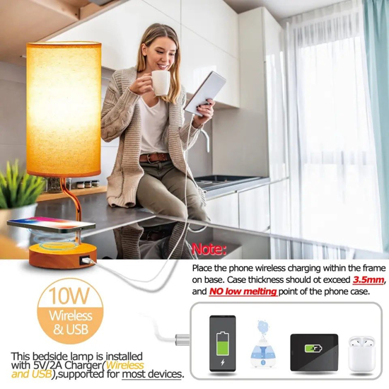 Poza cu Set Lampa cu abajur din tesatura, pentru birou, dormitor, cu incarcare wireless telefon Android si iOS, QUANDES®, 2 porturi USB-A/C, crem