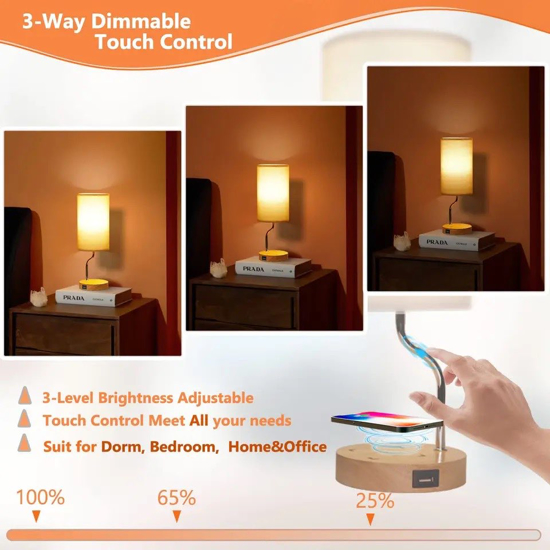 Poza cu Lampa cu abajur din tesatura, pentru birou, dormitor, cu incarcare wireless telefon Android si iOS, QUANDES®, 2 porturi USB-A/C, crem - copy