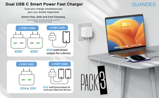 Poza cu Set 6 accesorii pentru iphone 15,15pro.15 pro max, 3buc Incarcator PD USB-C 40W, 3 buc Cablu incarcare USB-C-C 60w, QUANDES®