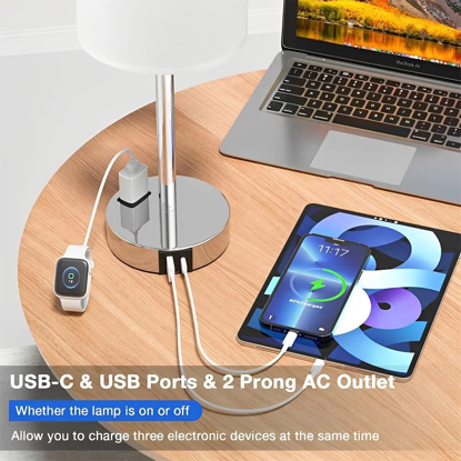 Imagine Lampa cu abajur din tesatura, pentru birou, dormitor, metal, QUANDES®, 2 porturi USB-A/C 1 X Prize de incarcare AC, gri