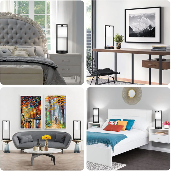 Poza cu Lampa cu abajur din tesatura, pentru birou, dormitor, metal, QUANDES®, 2 porturi USB-A/C 1 X Prize de incarcare AC, negru