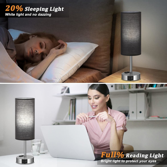 Poza cu Lampa cu abajur din tesatura, pentru birou, dormitor, metal, QUANDES®, 2 porturi USB-A/C 1 X Prize de incarcare AC, negru