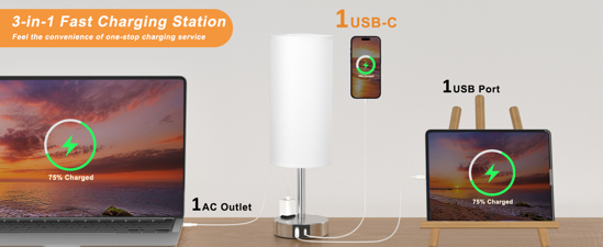 Poza cu Set Lampa cu abajur din tesatura, pentru birou, dormitor, metal, QUANDES®, 2 porturi USB-A/C 1 X Prize de incarcare AC, negru