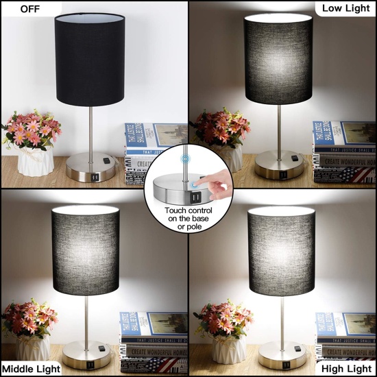 Poza cu Set Lampa cu abajur din tesatura, pentru birou, dormitor, metal, QUANDES®, 2 porturi USB-A/C 1 X Prize de incarcare AC, negru