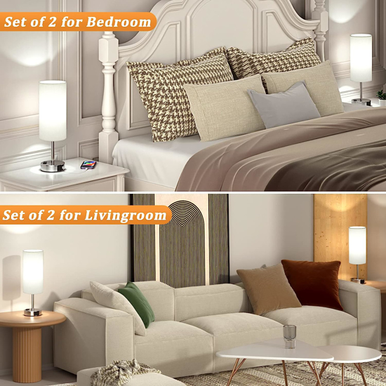 Poza cu Set Lampa cu abajur din tesatura, pentru birou, dormitor, metal, QUANDES®, 2 porturi USB-A/C 1 X Prize de incarcare AC, negru