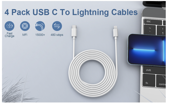 Poza cu Pachet 4 buc Incarcator Fast Charge 40W dual usb C, pentru iPhone 15pro,14, 13 12 Pro Max, 2 Cablu de date 2m USB-C - C, USB-C Lightning, 60w, Adaptor auto USB-C, 20W, QUANDES®