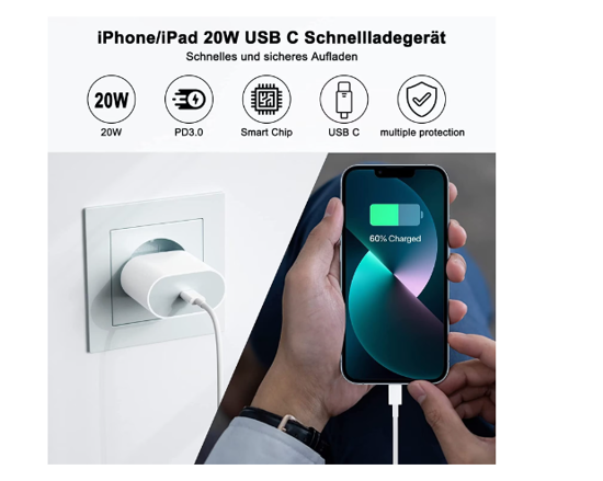 Poza cu Pachet 4 buc Incarcator Fast Charge 20W usb C, pentru iPhone 15pro,14, 13 12 Pro Max, 2 Cablu de date 2m USB-C - C, USB-C Lightning, 60w, Adaptor auto USB-C, 20W, QUANDES®