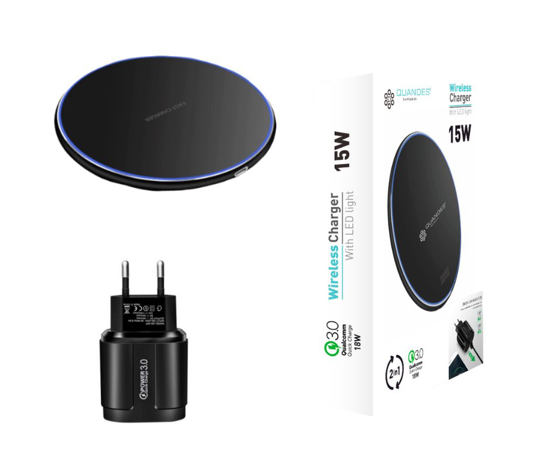 Poza cu Incarcator wireless fast charge , QUANDES, Aluminum Ultra Slim 15W, Black , +Incarcator FAST Chargers 18w /3.0