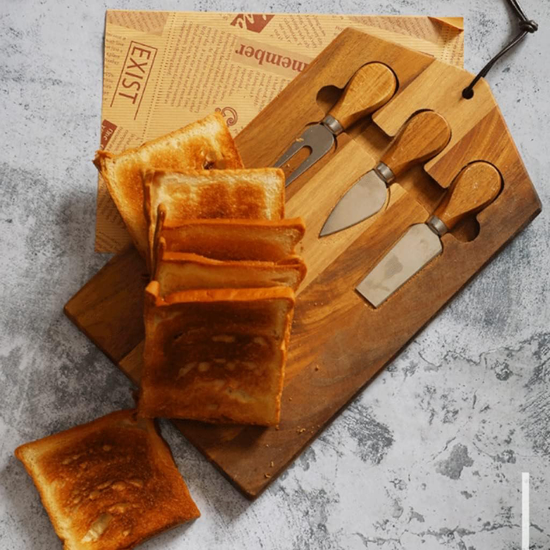 Poza cu Set pentru servire branzeturi si aperitive 4 ustensile si platou,36 x 23 cm, lemn