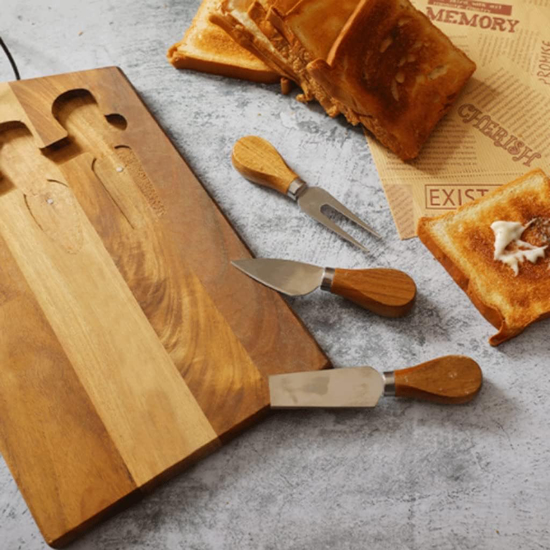 Poza cu Set pentru servire branzeturi si aperitive 4 ustensile si platou,36 x 23 cm, lemn