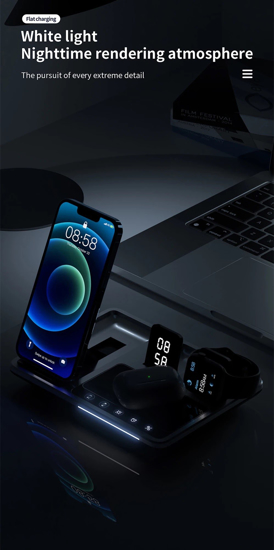 Poza cu Statie de incarcare wireless 30W 4 in 1, QUANDES®, compatibil cu majoritatea dispozitivelor Qi, incarcare simultana, mentine biroul curat si ordonat, protectie la supraincarcare, argintiu