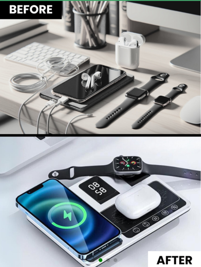 Poza cu Statie de incarcare wireless 30W 4 in 1, QUANDES®, compatibil cu majoritatea dispozitivelor Qi, incarcare simultana, mentine biroul curat si ordonat, protectie la supraincarcare, argintiu