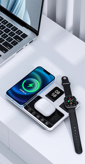 Poza cu Statie de incarcare wireless 30W 4 in 1, QUANDES®, compatibil cu majoritatea dispozitivelor Qi, incarcare simultana, mentine biroul curat si ordonat, protectie la supraincarcare, argintiu