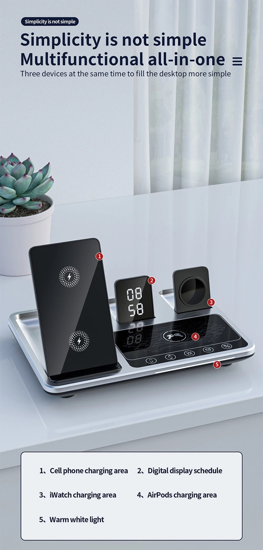 Poza cu Statie de incarcare wireless 30W 4 in 1, QUANDES®, compatibil cu majoritatea dispozitivelor Qi, incarcare simultana, mentine biroul curat si ordonat, protectie la supraincarcare, argintiu