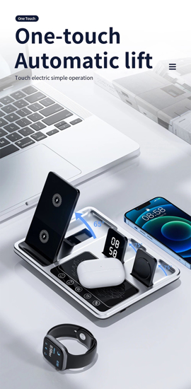 Poza cu Statie de incarcare wireless 30W 4 in 1, QUANDES®, compatibil cu majoritatea dispozitivelor Qi, incarcare simultana, mentine biroul curat si ordonat, protectie la supraincarcare, argintiu