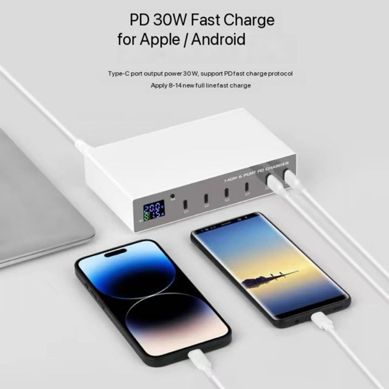 Imagine Statie de incarcare fast charge 140W, PD 6 in 1 3.0 USB C, 30W, universal pentru iPhone, samsung, huawei, laptop macbook