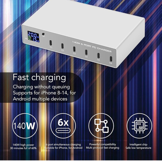 Poza cu Statie de incarcare fast charge 140W, PD 6 in 1 3.0 USB C, 30W, universal pentru iPhone, samsung, huawei, laptop macbook