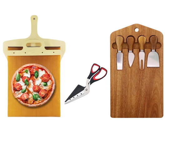 Poza cu Set 3 buc Paleta Glisanta Pentru Pizza Cu Maner 55 X 30 Cm, Set Pentru Servire Branzeturi cu 4 Ustensile, Foarfeca Pentru Pizza
