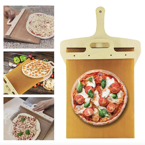 Poza cu Set 3 buc Paleta Glisanta Pentru Pizza Cu Maner 55 X 30 Cm, Set Pentru Servire Branzeturi cu 4 Ustensile, Foarfeca Pentru Pizza