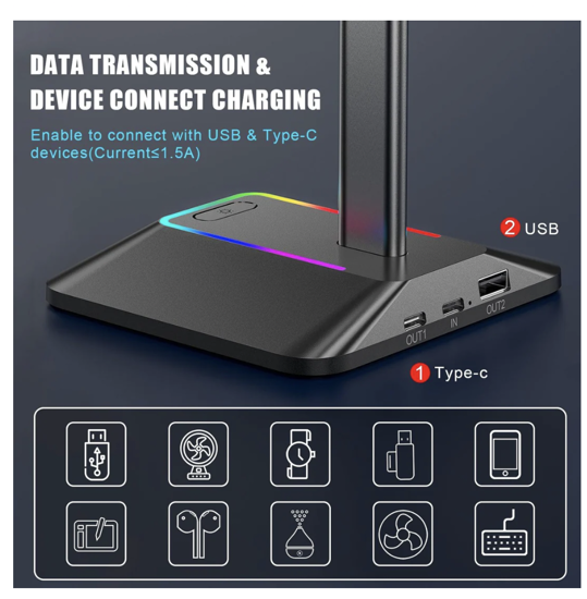 Poza cu Suport casti gaming QUANDES® GameOn, aluminiu, antiderapant, iluminare RGB, 2 x USB, negru