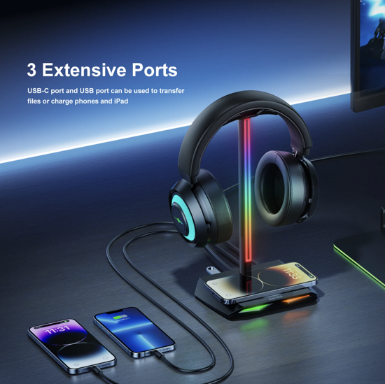 Imagine Suport casti multifunctional QUANDES® Z12, cu incarcare wireless, 2 porturi USB, lumini, Gaming, Negru