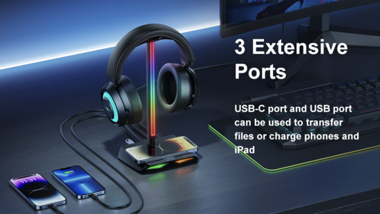 Poza cu Suport casti multifunctional QUANDES® Z12, cu incarcare wireless, 2 porturi USB, lumini, Gaming, Negru