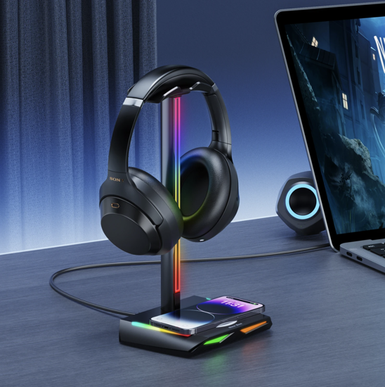 Poza cu Suport casti multifunctional QUANDES® Z12, cu incarcare wireless, 2 porturi USB, lumini, Gaming, Negru