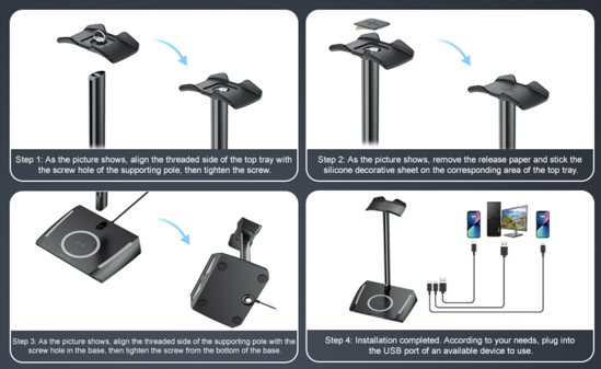 Poza cu Suport casti multifunctional QUANDES® Z12, cu incarcare wireless, 2 porturi USB, lumini, Gaming, Negru