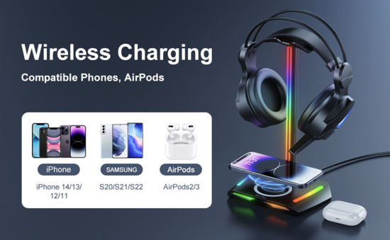 Poza cu Suport casti multifunctional QUANDES® Z12, cu incarcare wireless, 2 porturi USB, lumini, Gaming, Negru