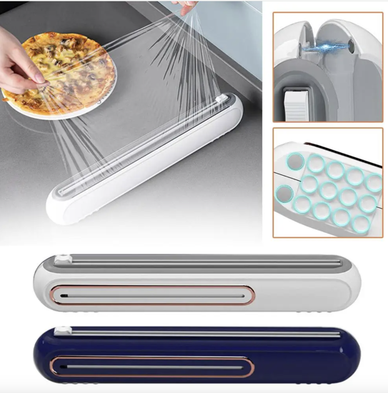 Poza cu Set Dispenser folie alimentara cu lama de taiere, magnet, ventuze de fixare, si folie inclusa 38x6x5cm, alb,albastru