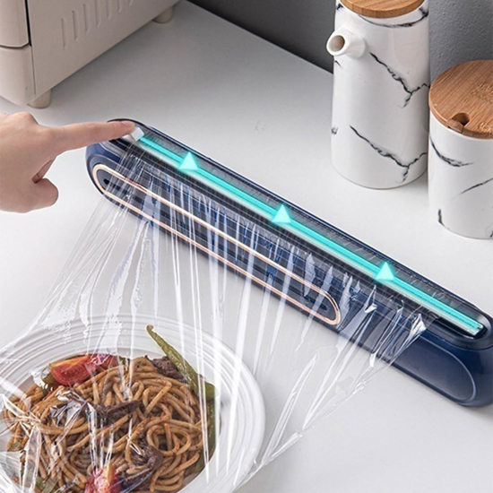 Poza cu Set Dispenser folie alimentara cu lama de taiere, magnet, ventuze de fixare, si folie inclusa 38x6x5cm, alb,albastru